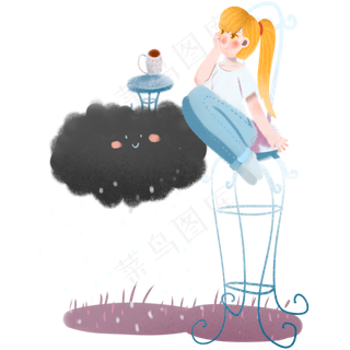 谷雨女孩坐欧式凳子赏雨