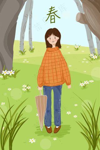 绿色春天的气息女孩去踏青