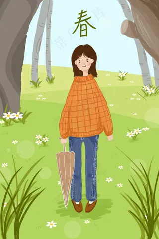 绿色春天的气息女孩去踏青