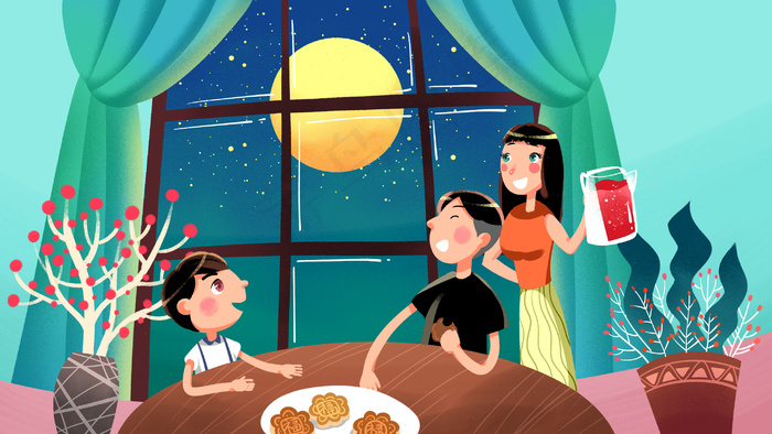 蓝色系卡通手绘风中秋配图