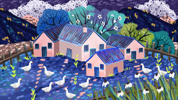 梦幻房子插画风景背景