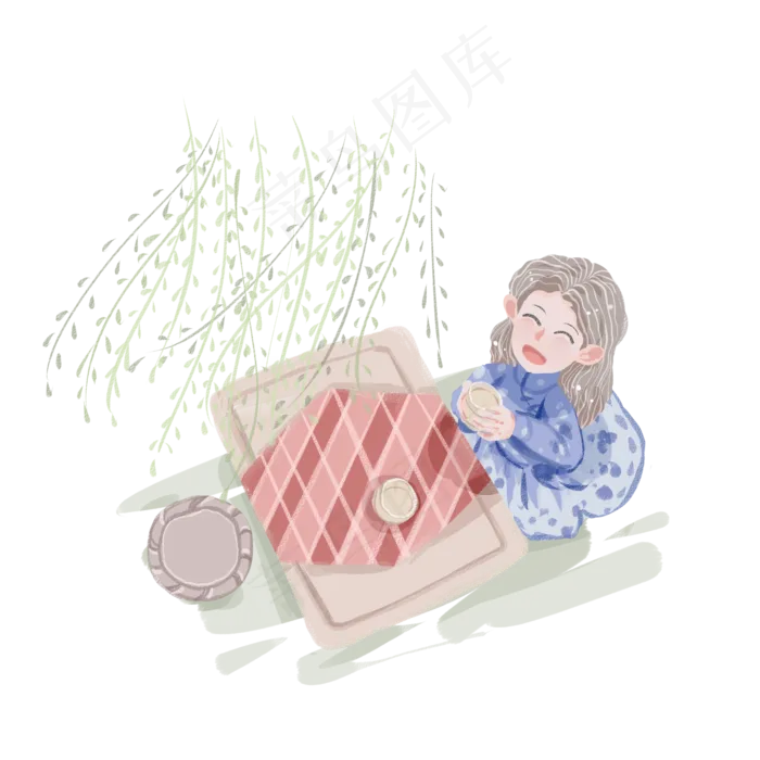 谷雨喝茶的小女孩(2000X2000(DPI:299))psd模版下载
