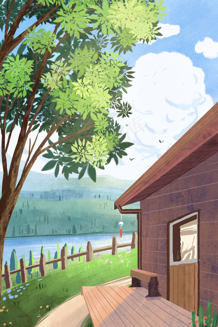 春天房屋场景小清新风格竖图(3545X5315(DPI:300))psd模版下载