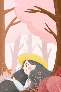 春天森林里的女孩粉色小清新插画
