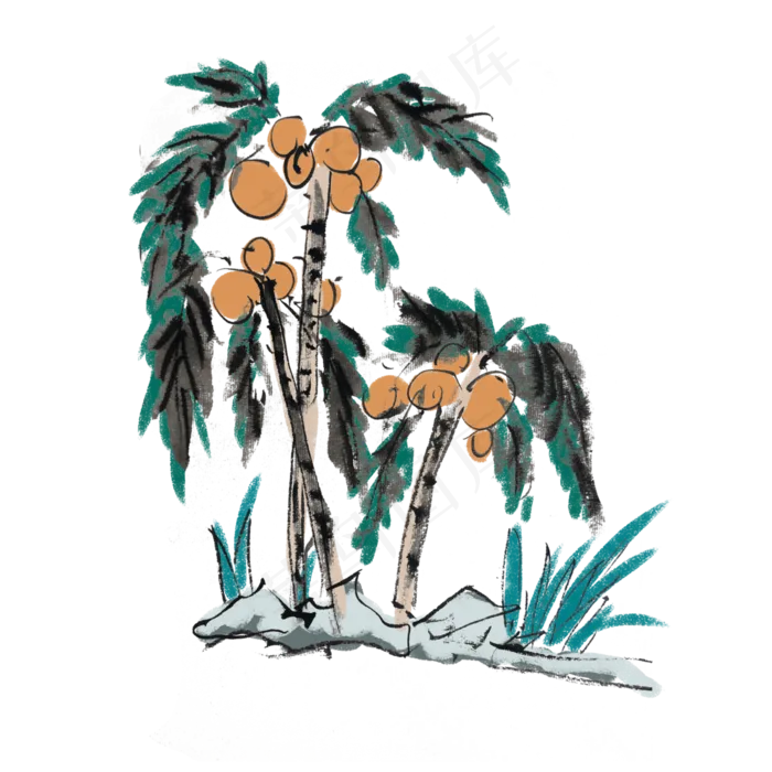 夏天椰树海滩椰子手绘(4000X4000(DPI:300))psd模版下载