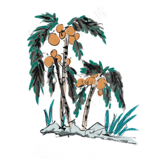 夏天椰树海滩椰子手绘