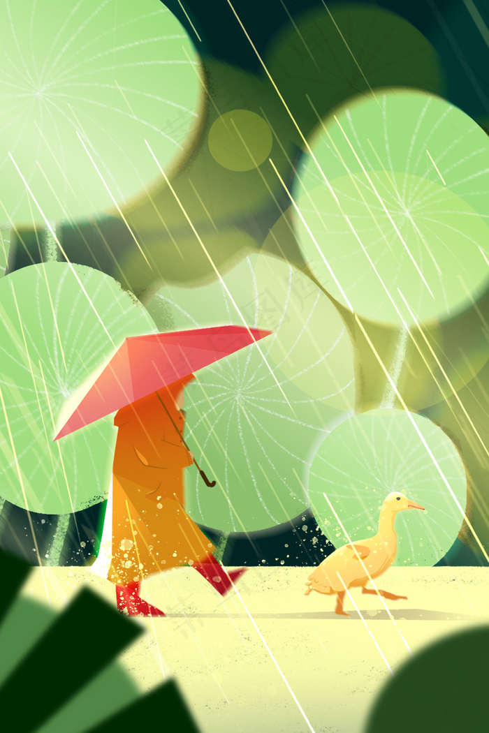 谷雨小孩和小鸭子在雨天的浮萍边行走