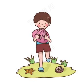 夏天在沙滩上捡贝壳的男孩