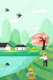 清明节春天谷雨下雨天村庄采叶子池塘背篓