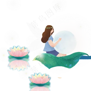 彩色创意坐在树叶上的女孩元素