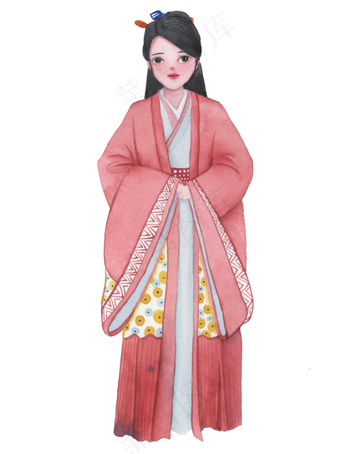 手绘水彩古风美女(2000X2600(DPI:300))psd模版下载