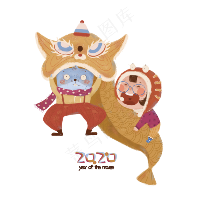 2020可爱少女鼠年舞狮,免抠元素
