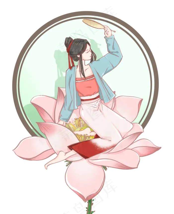 复古风夏日荷花上的少女(1921X2361(DPI:300))psd模版下载