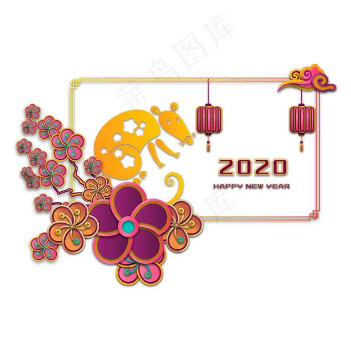 鼠年新年剪纸边框,免抠元素(2000*2000px 300 dpi )ai矢量模版下载