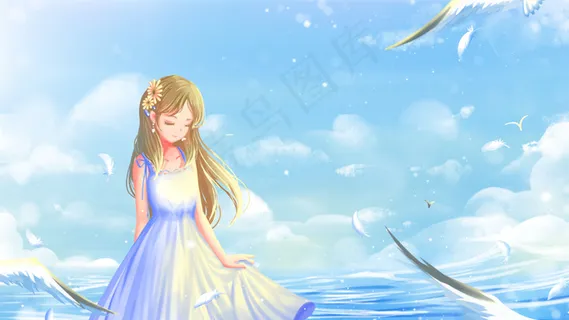 蓝色唯美卡通小清新治愈夏天海边风光配图