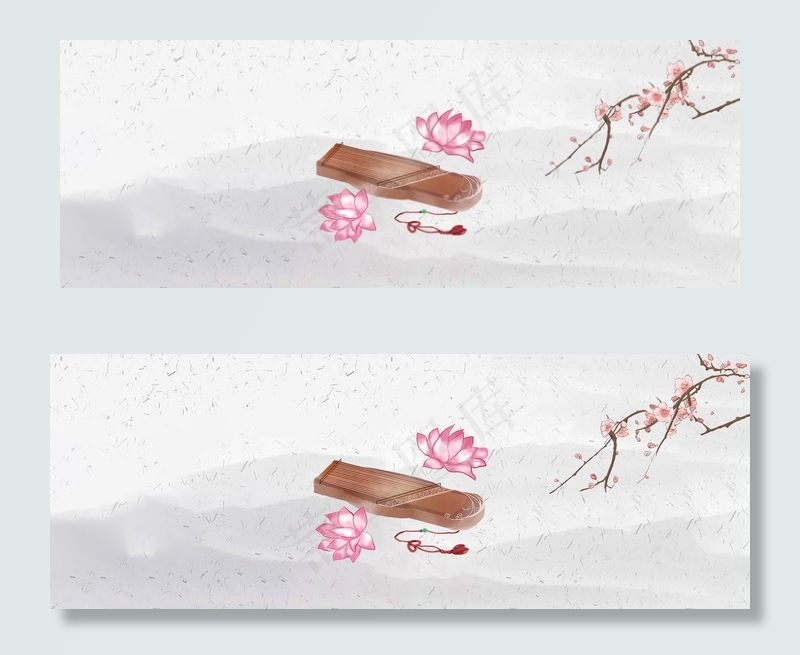 古筝与桃花黑白中国风banner(1920*700px 	       )psd模版下载
