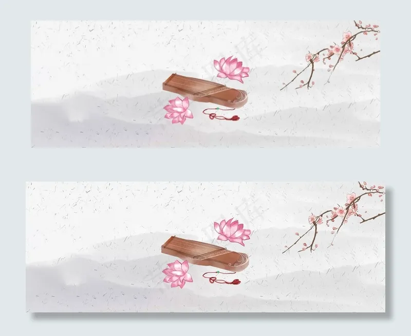 古筝与桃花黑白中国风banner(1920*700px 	       )psd模版下载