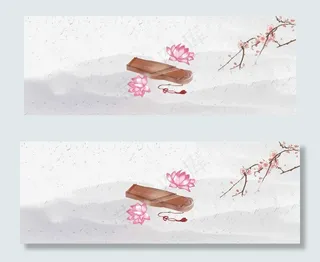 古筝与桃花黑白中国风banner