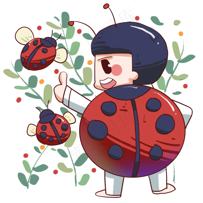 惊蛰人物和七星瓢虫插画,免抠元素
