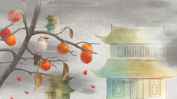 秋季丰收果实复古国潮金秋雀鸟柿子工笔国画