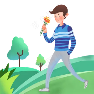 春游拿花束的小男孩