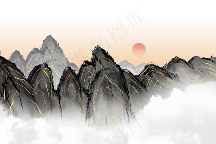 中国风山水水墨金线