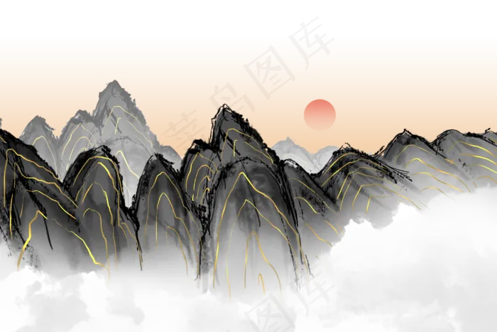 中国风山水水墨金线(3000X2000(DPI:300))psd模版下载