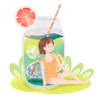 大暑水果冰饮料女孩png素材