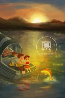温暖系夏季风景河面小船兄妹吃西瓜玩耍配图 温暖系夏季风景河面小船兄妹吃西瓜玩耍配图