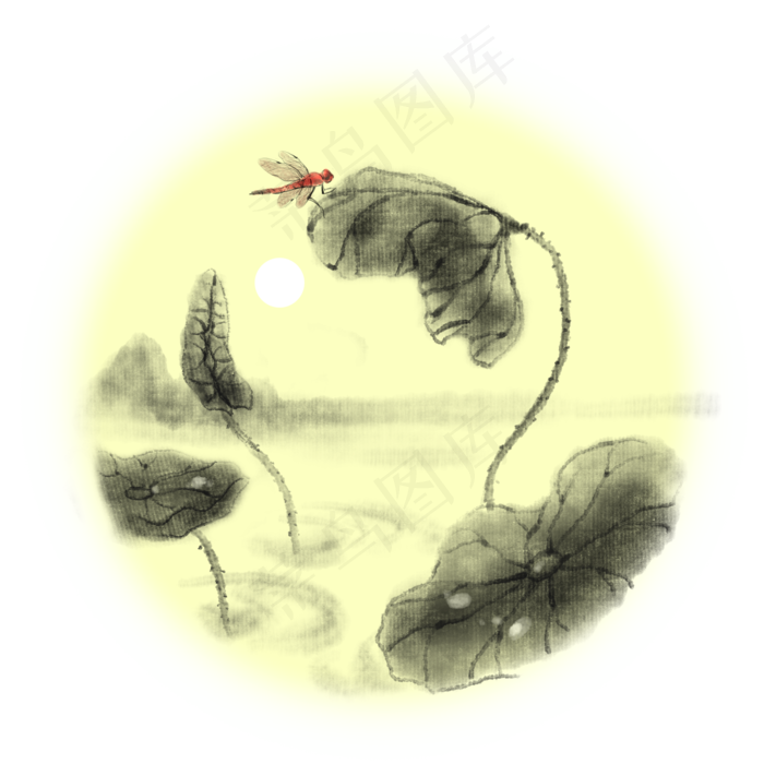 手绘花荷花中国风水墨风蜻蜓