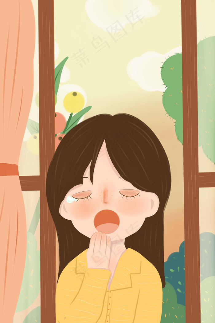 春天卡通可爱春困春乏打哈欠女孩(3545X5315(DPI:300))psd模版下载