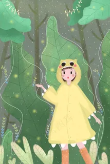 清明节雨季植物雨衣女孩小清新