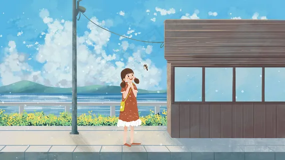 夏日海边车站等车场景 夏日海边车站等车场景