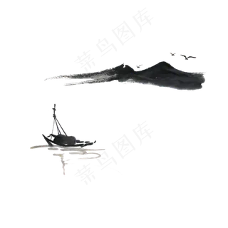 中国山水水墨线条船只PNG东方意境,免抠元素