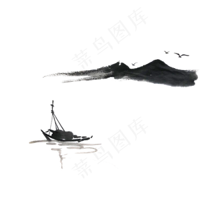 中国山水水墨线条船只PNG东方意境,免抠元素