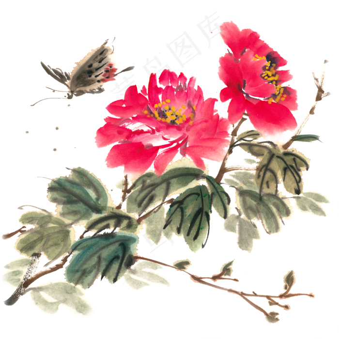 牡丹花与蝴蝶水墨画PNG免抠素材