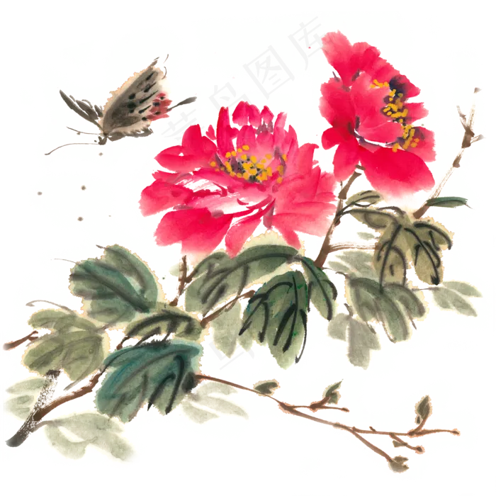 牡丹花与蝴蝶水墨画PNG免抠素材(4724X4724(DPI:300))psd模版下载