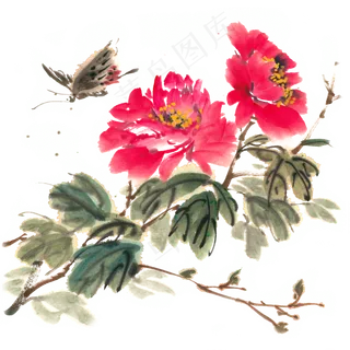 牡丹花与蝴蝶水墨画PNG免抠素材