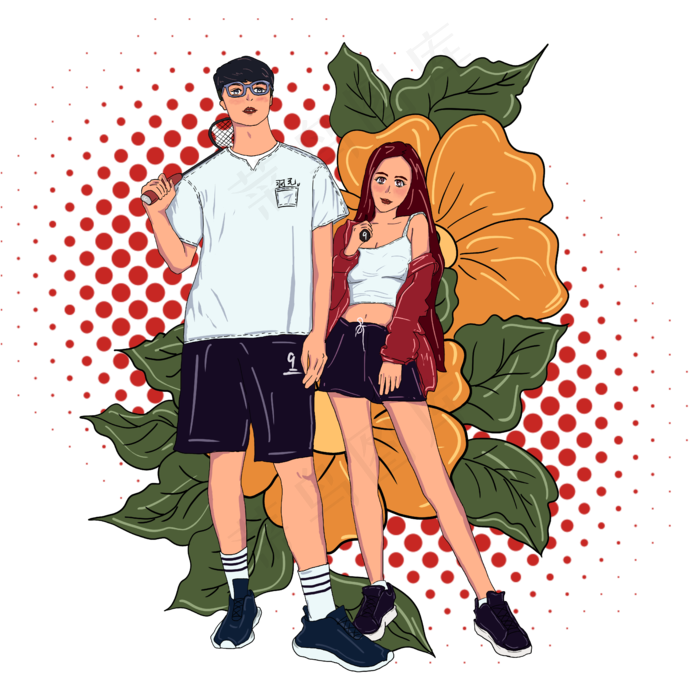 运动风格小清新情侣插图(5000X5000(DPI:300))psd模版下载