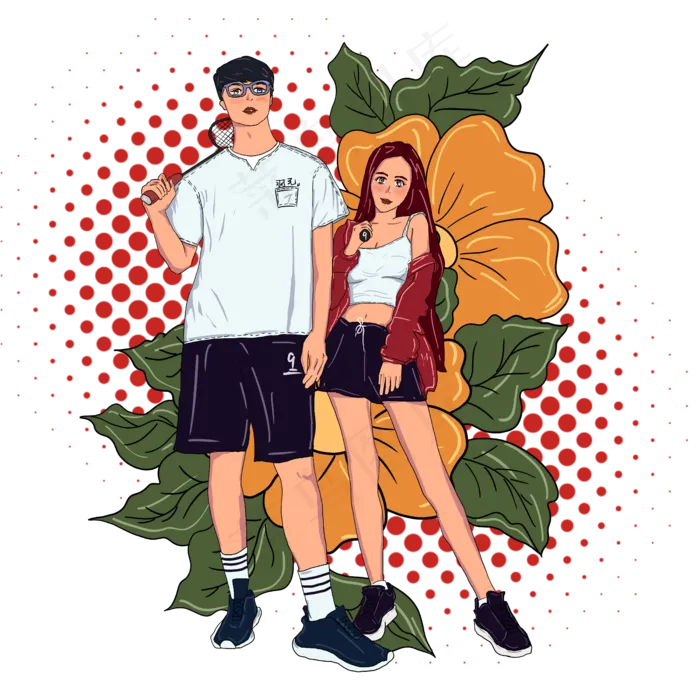 运动风格小清新情侣插图(5000X5000(DPI:300))psd模版下载