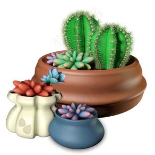 C4D植物类仿真花盆多肉仙人球,免抠元素