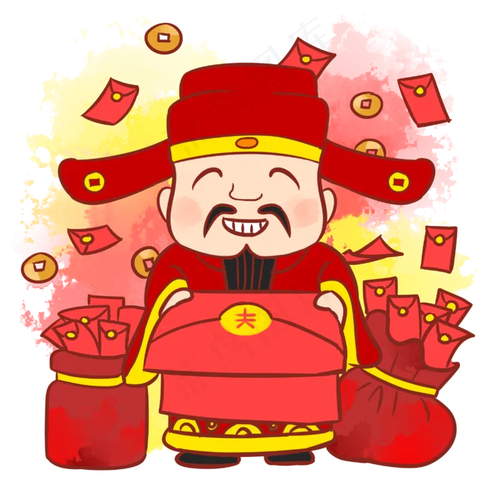 财神手绘卡通人物PNG素材,免抠元素(3000*3000px 300 dpi )psd模版下载