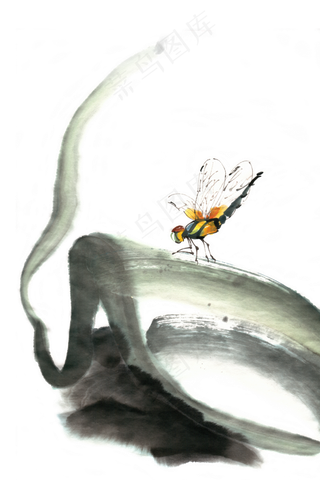 栖息荷叶的蜻蜓水墨画PNG免抠素材