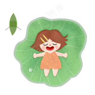 躺在荷叶上流口水的小女孩