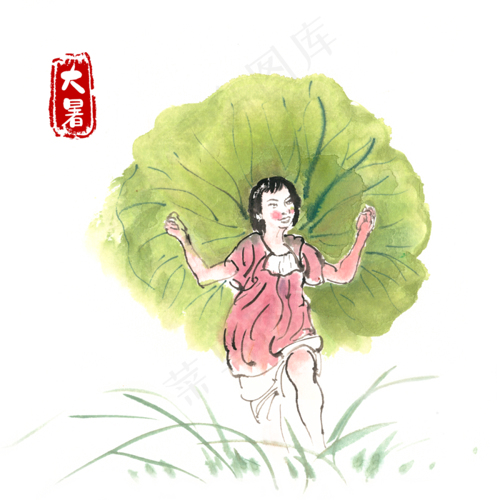 大暑顶荷叶的小女孩水墨画(4724X4724(DPI:300))psd模版下载