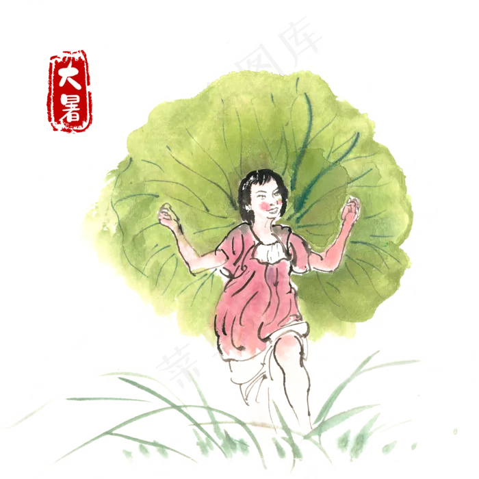 大暑顶荷叶的小女孩水墨画(4724X4724(DPI:300))psd模版下载