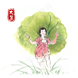 大暑顶荷叶的小女孩水墨画