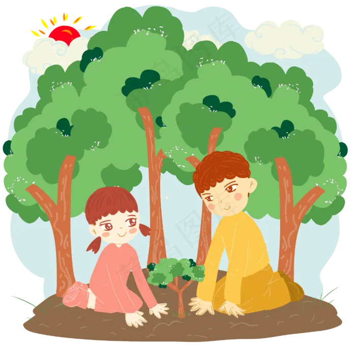 植树节女孩男孩森林种树苗(3000X3000(DPI:350))psd模版下载