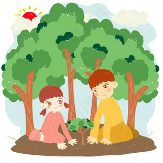 植树节女孩男孩森林种树苗