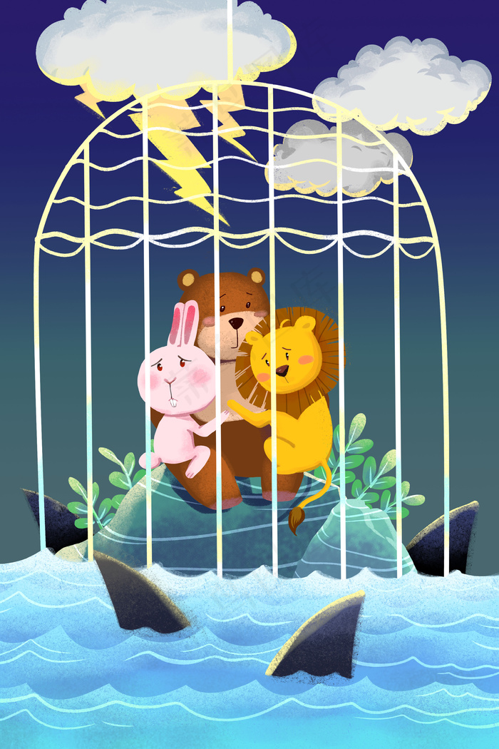 蓝色系卡通手绘风保护动物配图(3545*5315px 300 dpi )psd模版下载